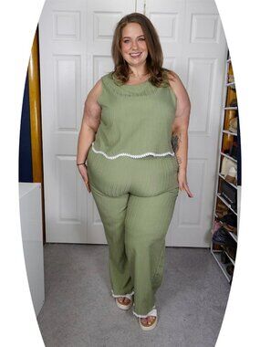 Plus Size 4XL Green White Lace Crop Top Wide Leg Pants Matching Set New